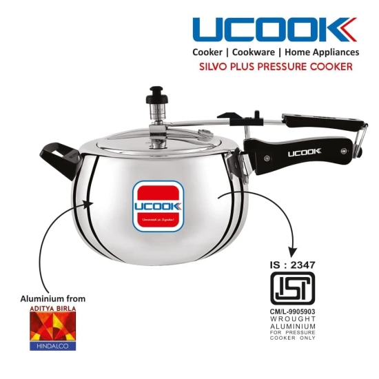 UCOOK By UNITED Ekta Engg. Silvo Plus 5 Litre Bulging Shape Aluminium Inner Lid Induction Pressure Cooker, Silver