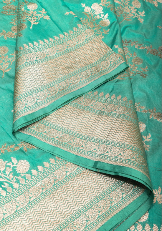 Cyan Banarasi Katan silk saree with leheria pattern and floral zari border | SILK MARK CERTIFIED