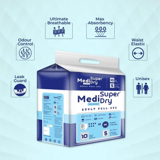 MediSuperDry Adult Diaper Pants Small (S) Size, Adult Pull-Ups, High Absorbency, Leak Proof, Overnight Protection, Elastic Waist Size (60-90 Cm|23-35 Inches), 30 Pieces, Pack Of 3 - Unisex