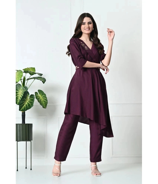 Desinoor.com Wine Embroidered Pant Top Set - None