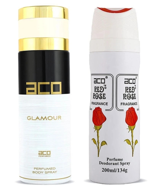 Aco Set of 2 Deodorant Body Spray, Glamour & Red Rose For Women, 200ml Each - 200ml