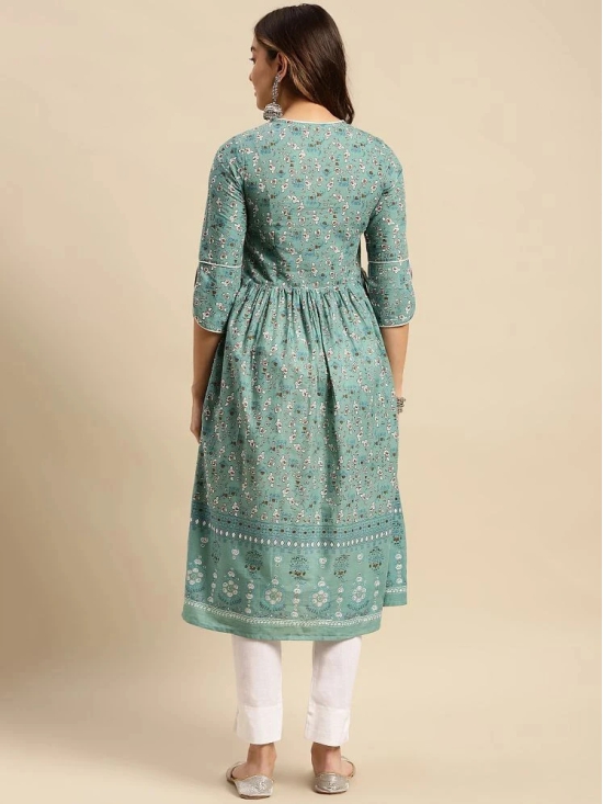 Rangita Women 100% Cotton Teal Gota Lace At Yoke Calf Length Kurti Gathered At Waist - None