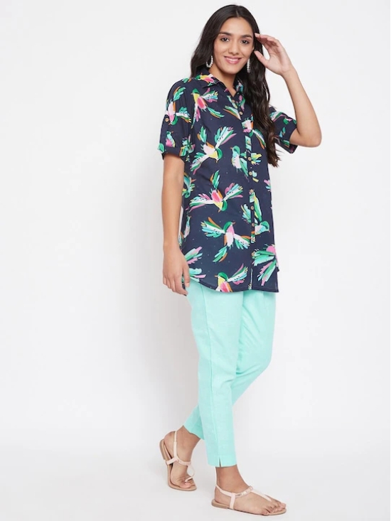 Women Navy Blue & Sea Green Printed Shirt with Trousers