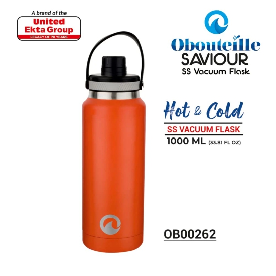 Obouteille Saviour Orange Stainless Steel Vacuum Insulated 1 Litre Leak Proof Flask Water Bottle for School/Home/Kitchen/Office/Work/Gym/Outdoor/Exercise/Yoga/Camping/Boys/Girls/Kids/Adults