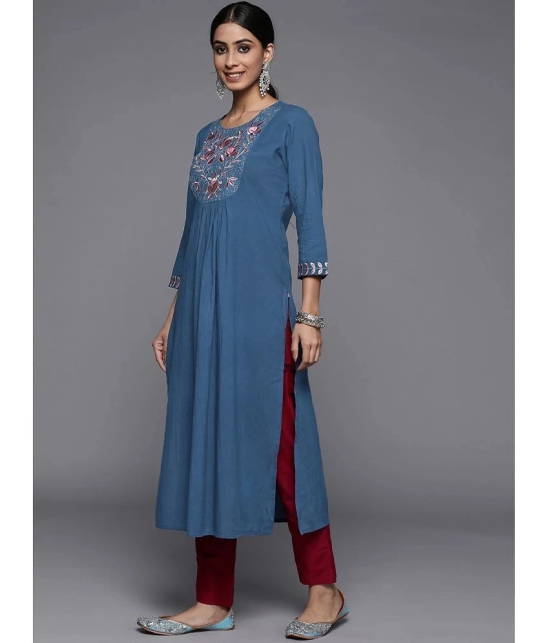 Varanga Cotton Embroidered Straight Womens Kurti - Blue ( Pack of 1 ) - None