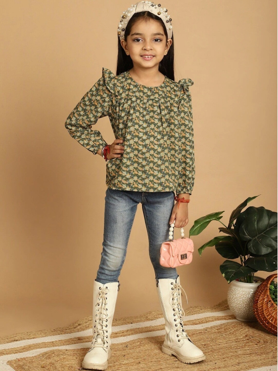 MINI & MING Girls Floral Printed Round Neck Puff Sleeves Pleated Blouson Top