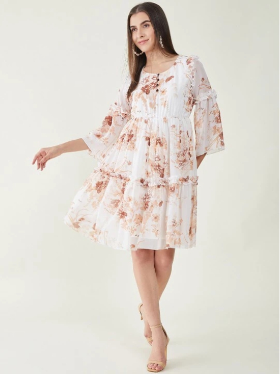 Floral Printed Bell Sleeves Ruffled Detail A-Line Dress