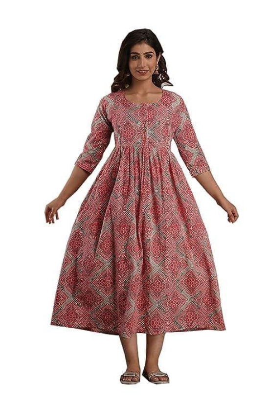 KASHVI Creation Women's Cotton Floral Printed Anarkali Maternity Feeding Kurti-Pink