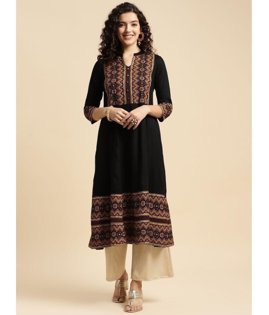 Rangita Women Rayon Black Ethnic Printed Calf Length Flared Kurti - None