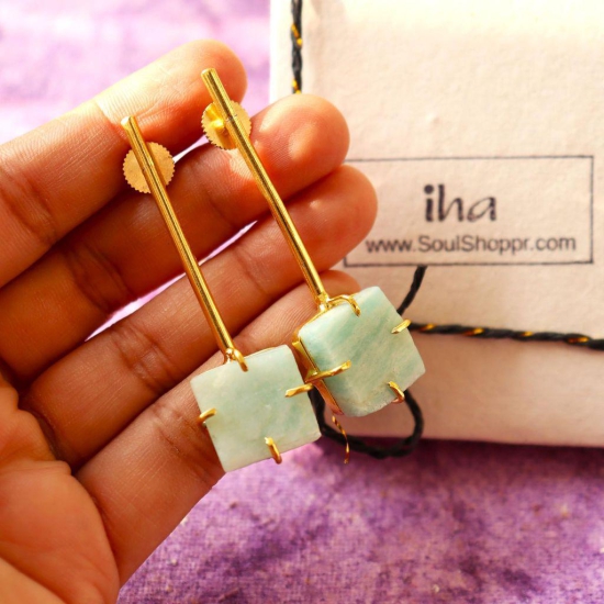 iha Aqua Druzy Cube Danglers Designer Gold Toned Earrings |Dangler Earrings|Fashion Jewellery|Handcrafted|Statement Earrings for Women and Girls|Soul Shoppr