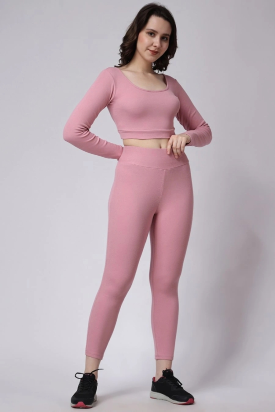 Womens Pink Gym Co-Ord Set Leggings & Full Sleeves Crop Top-XL / Pink