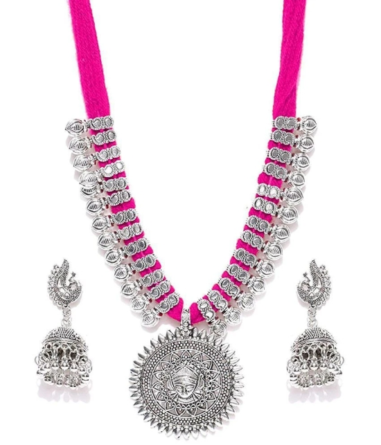 Youbella Antique German Silver Oxidised Plated Tribal Cotton Thread Jewellery Set For Women & Girls (Pink) - Pink