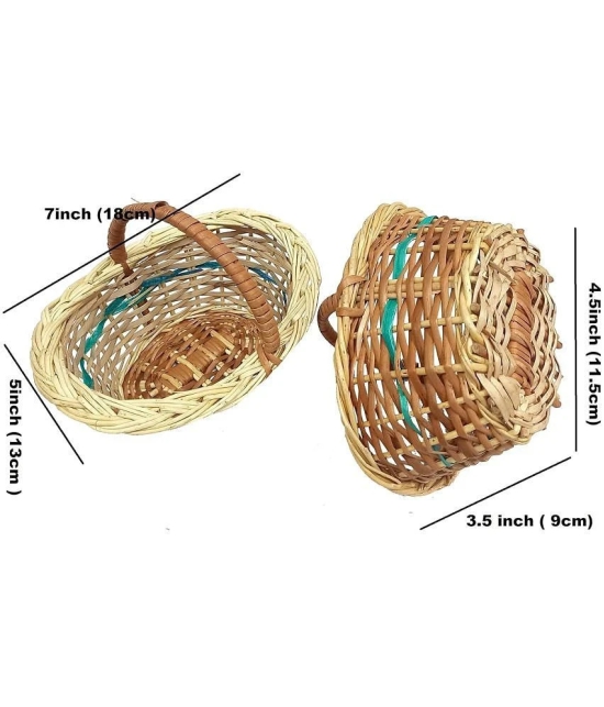 PRANSUNITA 2 Pcs Oval Shape Small Handle Kashmir Wicker Willow Wooden -Multipurpose Storage, Flower Decoration Bamboo Pooja,Mandir Chocolate Gift hamper- Natural brown -Pack of 2 pcs- Size 7