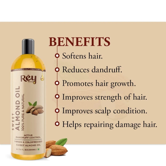 Rey Naturals Almond Hair Oil Badam oil - 100 Pure Cold Pressed for Hair  Skin  HairGrowthDandruff  200ml-Rey Naturals Almond Hair Oil (Badam oil) - 100% Pure, Cold Pressed, for Hair & Skin | Hair