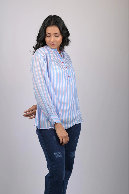 Chiffon top for women western wear stylish top trending Light Blue Striped Top With Long Sleeves (OTL-TPS1080)-Blue / S