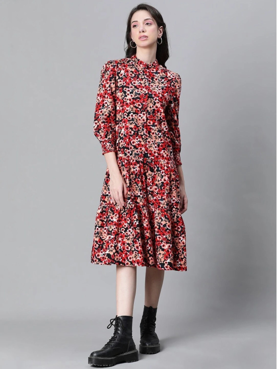 Oxolloxo Floral Printed Mandarin Collar Puff Sleeves Pure Cotton Shirt Midi Dress