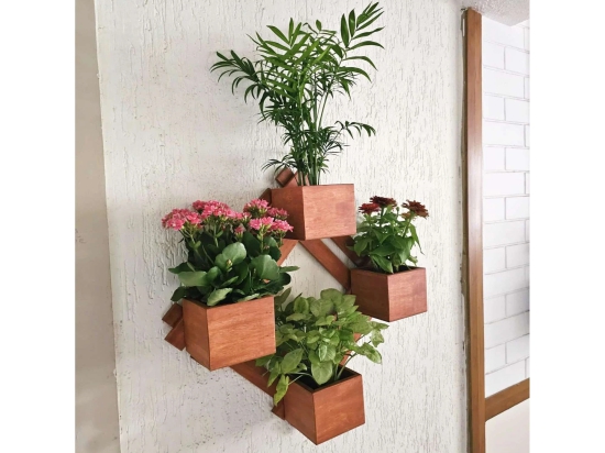 BARISH - Wall Mounted Planter - Diamond | Handcrafted with Rubberwood | Indoor Planter Frame with Stand 25 x 25 x 6 Inches - Sandy Brown