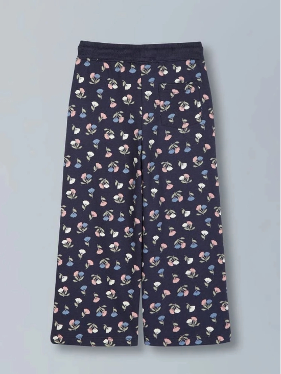 PlumTree Girls Flower AOP & Crown Stone wide leg relaxed Fit Cotton Trouser - Mid Navy - None