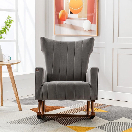 Wooden Velvet Accent Rocking Chair (Grey)-Grey