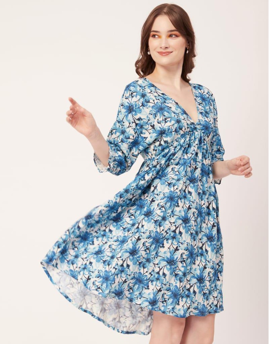 Moomaya Printed Quarter Sleeves Short Dress, Knee Length Flared Hem Summer Dress