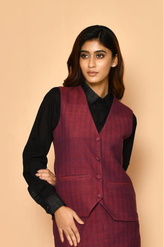 Red V-neck Handloom Cotton Jacket