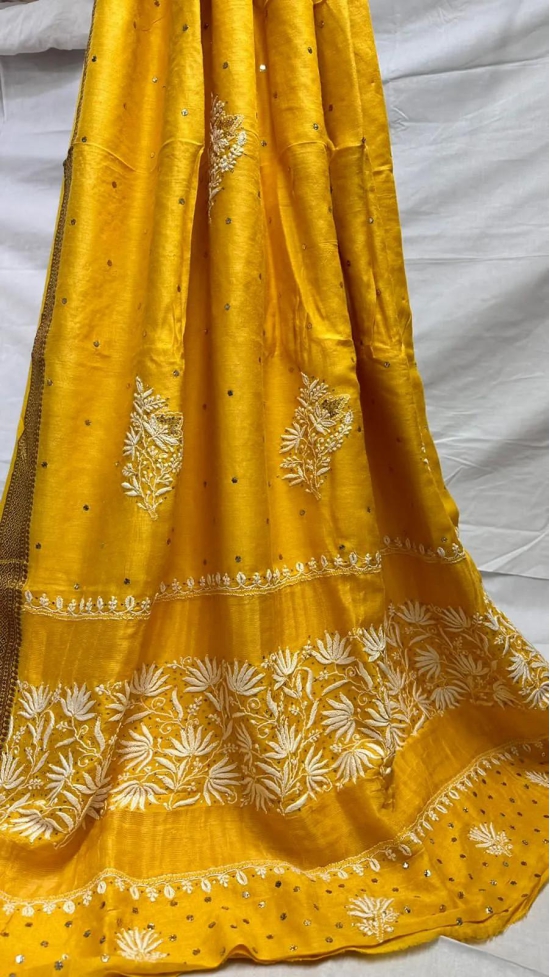 SOFT PURE MOONGA SILK, CHIKAN HAND EMBROIDERED SAREE-MUSTARD YELLOW / SOFT PURE MOONGA SILK / CHIKAN HAND EMBROIDRED