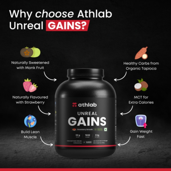 Athlab (by Nutrabay) Unreal Gains Mass Gainer | Organic Tapioca, Naturally Flavoured & Sweetened with Monk Fruit | 50g Protein, 1242 Caloreis, Easy Digesting Weight Gain Protein Powder - Strawberry Smooth, 3 kg