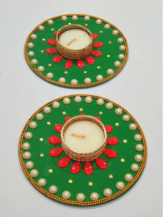 Exquisite Handcrafted Green and Red Pearl Diya Set