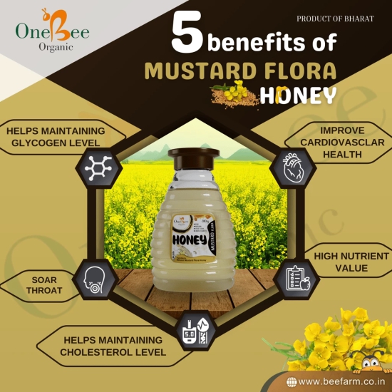 ONE BEE ORGANIC Honey | Mustard Flora Honey/White Cream Honey/Set Honey | Natural Flora Honey - 280 GM.