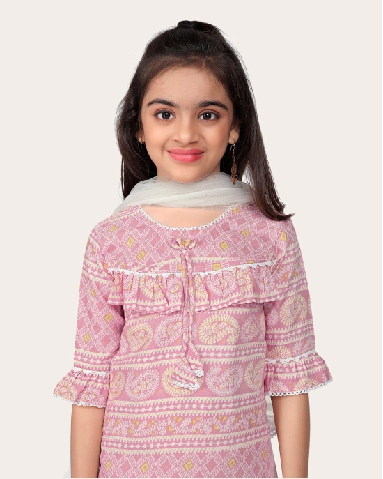 Kid Girls Designer Cotton Printed Top Bottom With Dupatta Pink-Pink / 9 - 10 Years