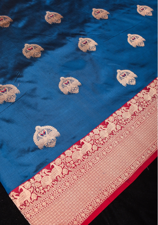 Swan Butta Shikaargah Banarasi Meenakari Saree in Blue and Red | Silk Mark Certified