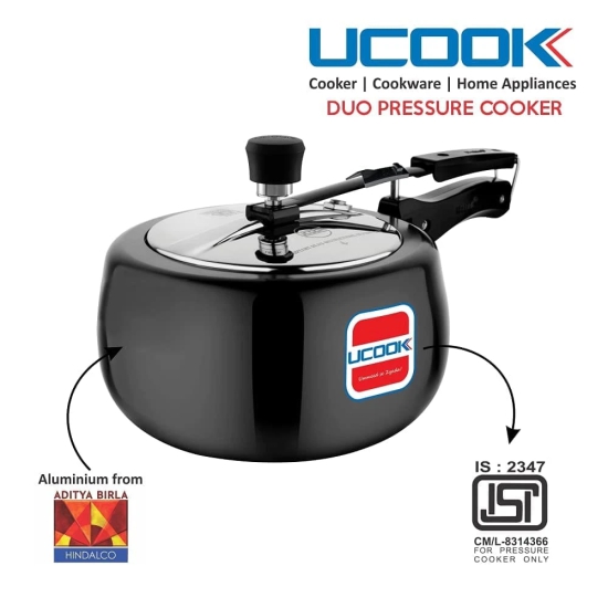 UCOOK By UNITED Ekta Engg. Royale Duo 3 Litre Hard Anodised Aluminium Inner Lid Induction Base Pressure Cooker With Stainless Steel Lid, Black