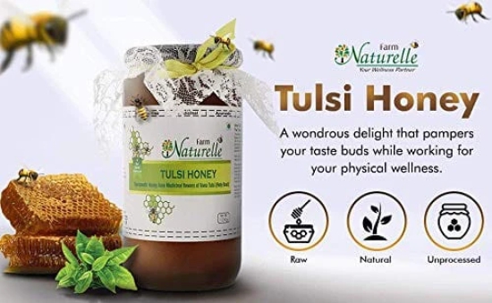 Farm Naturelle-Raw Natural Unprocessed Tulsi Forest Flower Honey -(Ayurved Recommended)-Huge Medicinal Value- 400Grams with 55 GMS and a Wooden Spoon.