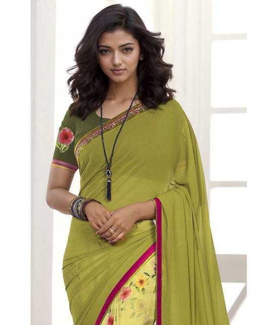 Rangita Half & Half Printed Georgette Saree With Lace Border & Blouse Piece - Lime Green - Lime Green