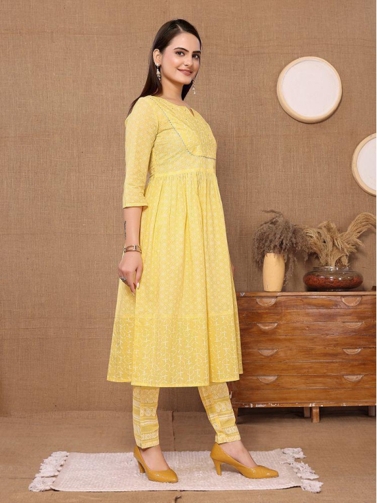 Rangita Women Cotton Yellow Sequined Calf Length Anarkali Kurti With Pants - None