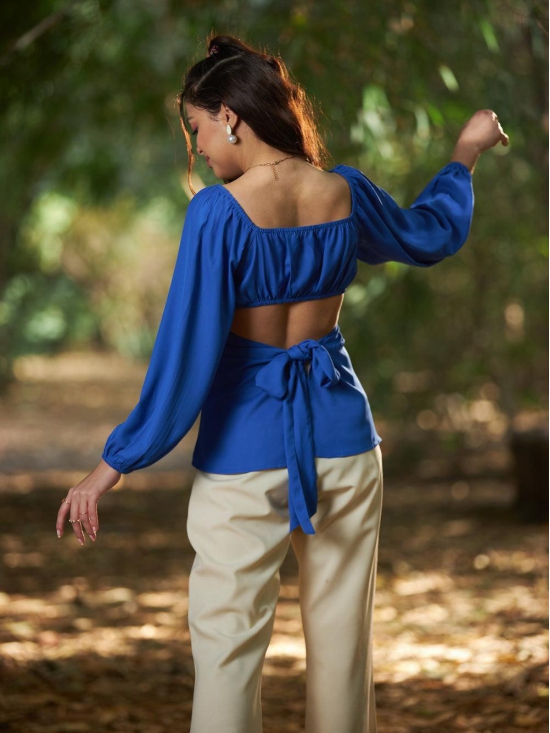 Sassafras Women's Solid Royal Blue Front Ruched Peplum Top-M