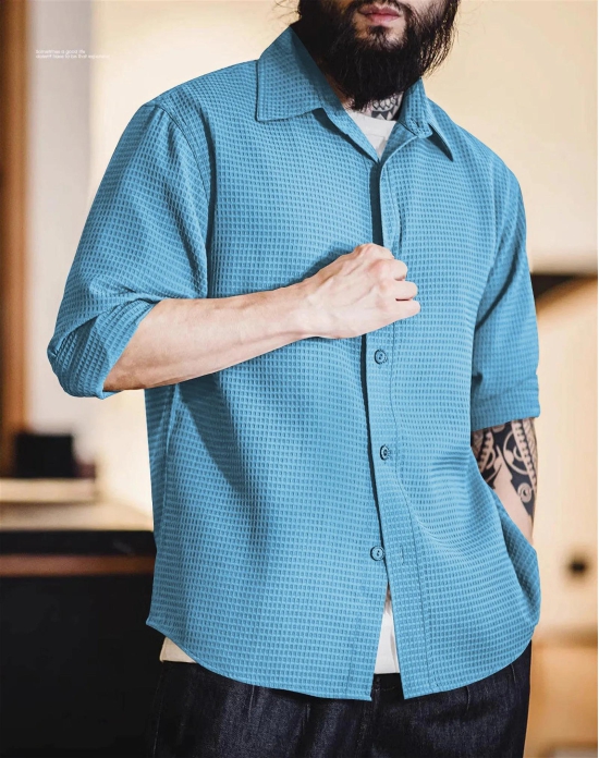 Sky Blue Long Sleeve Waffle Shirt-XL