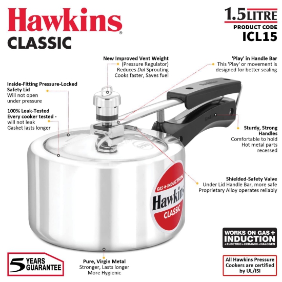 Hawkins 1.5 Litre Classic Pressure Cooker, Induction Inner Lid Cooker, Pan Cooker, Best Cooker, Silver (ICL15)