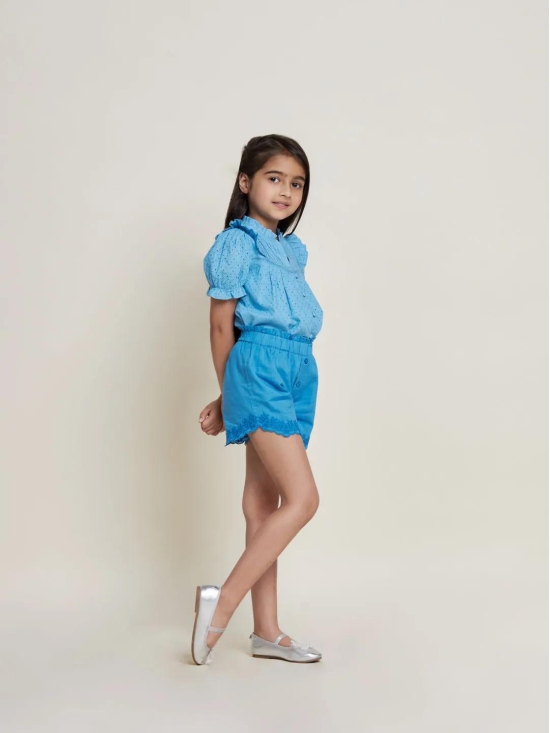 Sini Embroided Cotton Slub Girls Shorts - Blue-2-3Y