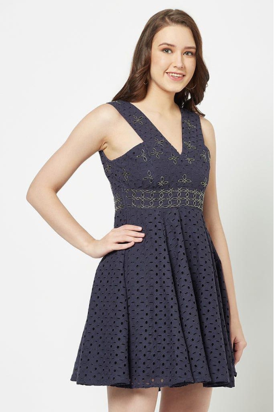 Navy Blue Schiffli Dress