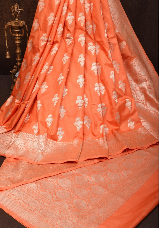 Exquisite Banarasi Katan Silk Saree inApricot with Floral Design pattern and zari border| SILK MARK CERTIFIED