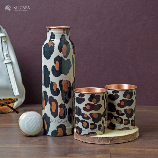 Cheetah Print Copper Bottle with a set of 2 Glasses