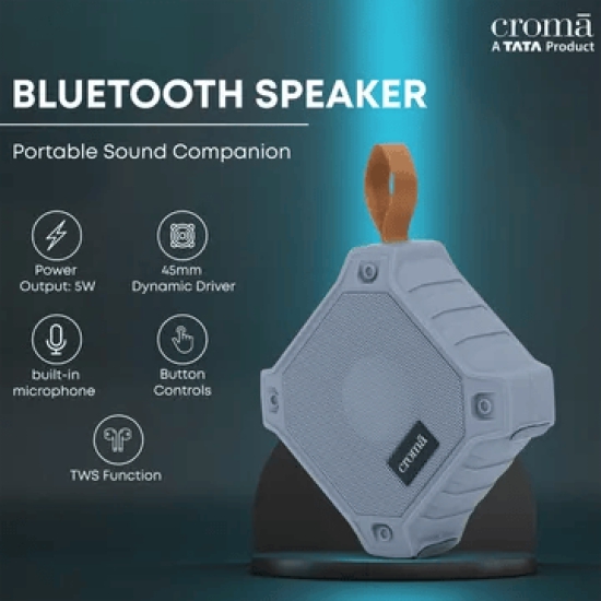 Croma 5W Portable Bluetooth Speaker (Water Proof, 21 Hours Playback Time, True Wireless Stereo Function, Grey)