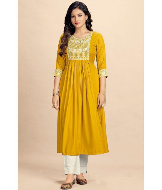 Glomee - Yellow Rayon Women''s Nayra Kurti ( Pack of 1 ) - None