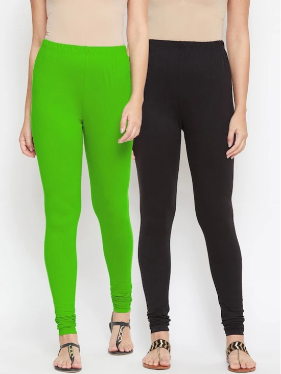 Women Black & Green Pack of 2 Solid Churidar-Length Leggings