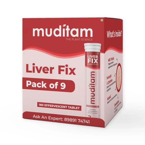 Muditam Ayurveda Liver Fix Effervescent Tablet | Liver Detox Ayurvedic | Milk Thistle Capsules For Liver in Effervescent form | Helps in fatty liver | Ideal for 3 Months - 180 Tablets