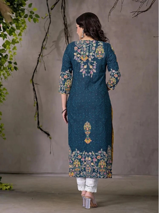 Juniper Rayon Embroidered Straight Womens Kurti - Navy Blue ( Pack of 1 ) - None