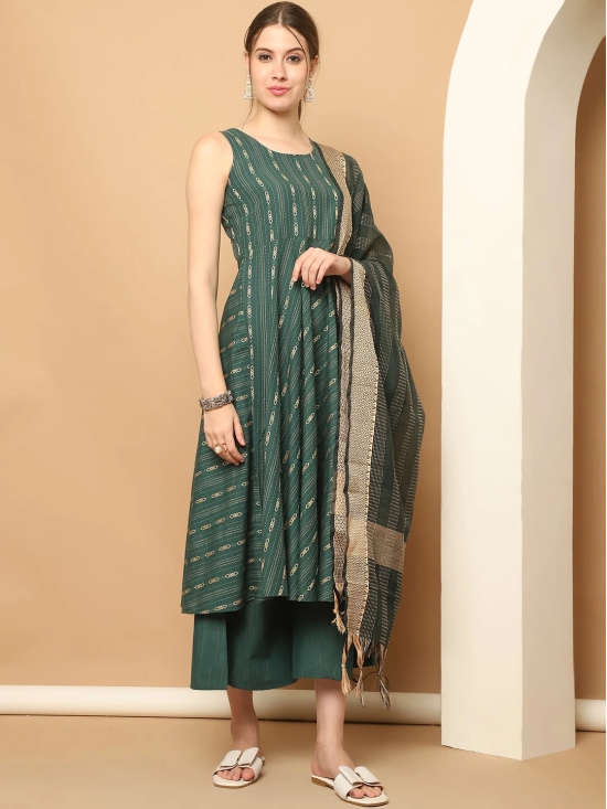 Green Woven Design Kantha Work Kurta with Palazzos & With Dupatta-S / Green