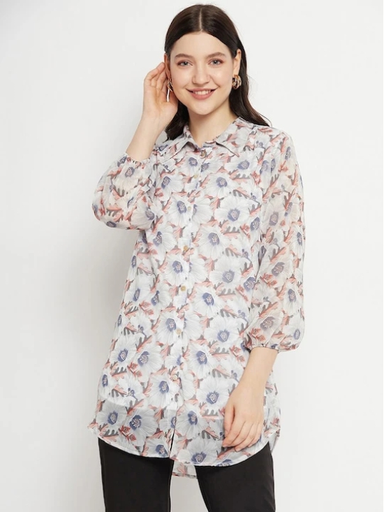 Shirt Collar Floral Printed Tunic