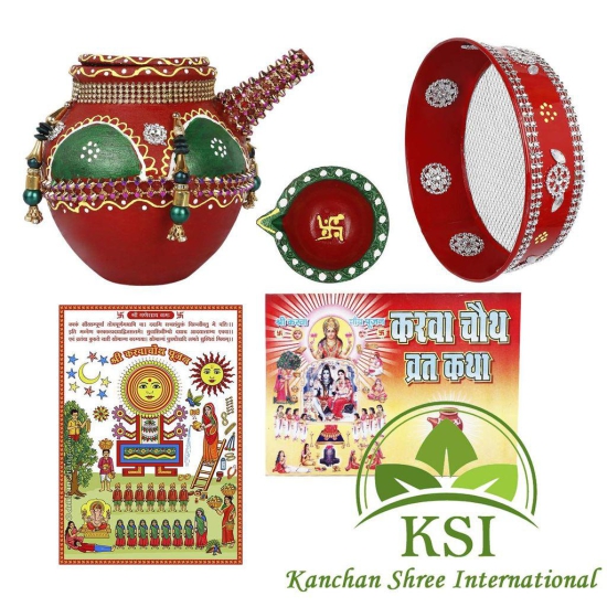 KSI Karwachauth Puja Thali Set of 5 Shringaar Items Karwa Chalni Diya Book Photo Handmade and Decorated Karwa chauth thali puja Set Fancy